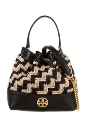 Tory Burch Black and Cream Crochet Drawstring Shoulder Bag